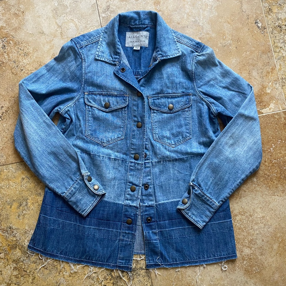 Allsaints denim two tone button down collard long sleeve shirt women’s raw hem 4
